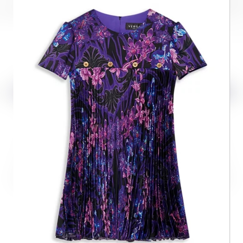 Versace Orchid Barocco Kids Pleated Dress Size 12A